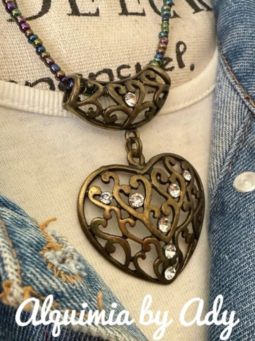 HEIRLOOM VIBE antique Brass Filigree Heart Necklace Multicolor Beaded Chain - Picture 1 of 2